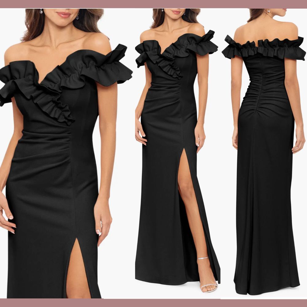 NWT $248 Xscape [ 6 ] Ruffle Off the Shoulder Ruched Slit Gown Black‎